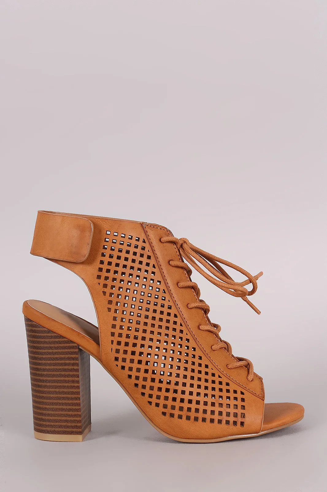 Bamboo Perforated Lace Up Chunky Heeled Mule Booties