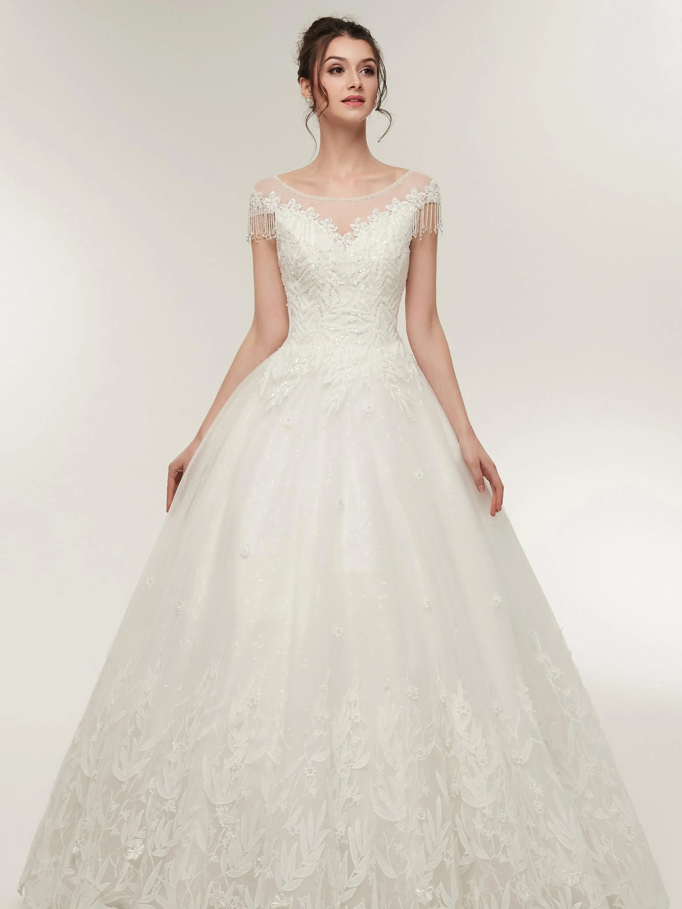 Elegant Princess White Cap Sleeve Tulle Wedding Dresses With Lace Appliques