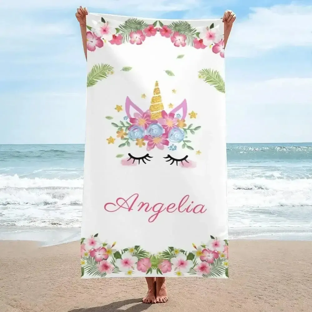 Personalized Name Unicorn Beach Towel for Girls