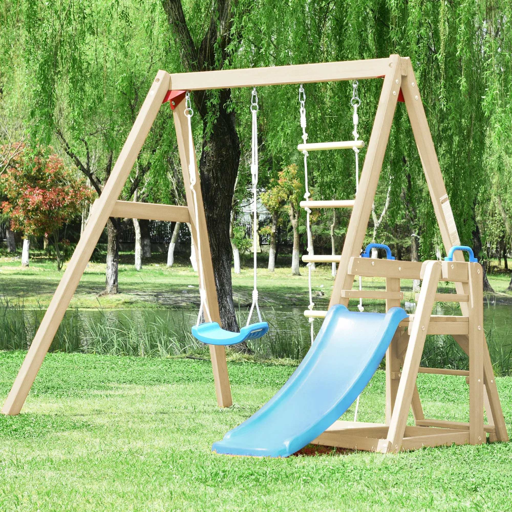Wooden Swing-N-Slide Set: Ideal for Backyard Fun with Slide, Swings, and Climber. Toddler-Friendly and Easy to Assemble